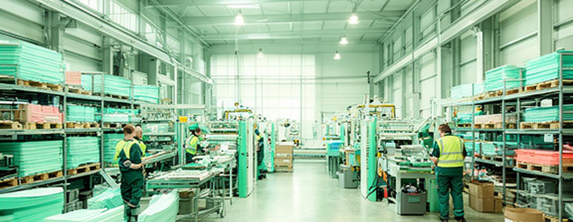 Modern Yorkshire factory floor with efficient machinery, organised materials and green daylight